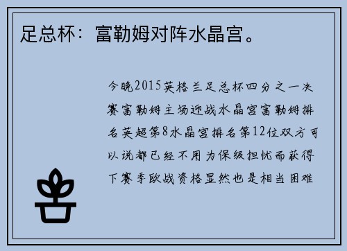 足总杯：富勒姆对阵水晶宫。