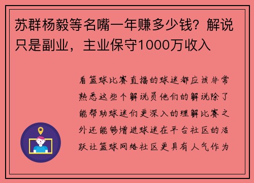 苏群杨毅等名嘴一年赚多少钱？解说只是副业，主业保守1000万收入